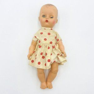 Vintage Molded Hair Baby Susan Blinking Small Rubber Girl Doll Polka Dot Dress